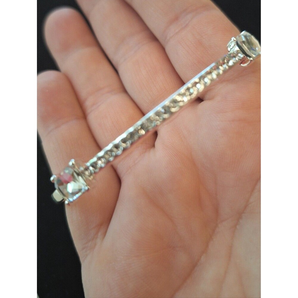 Silver-Toned Closed Bangle With 2 Rows of Small, Clear Stones & Four Large